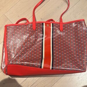 Tory Burch Red and Navy Patterned Tote